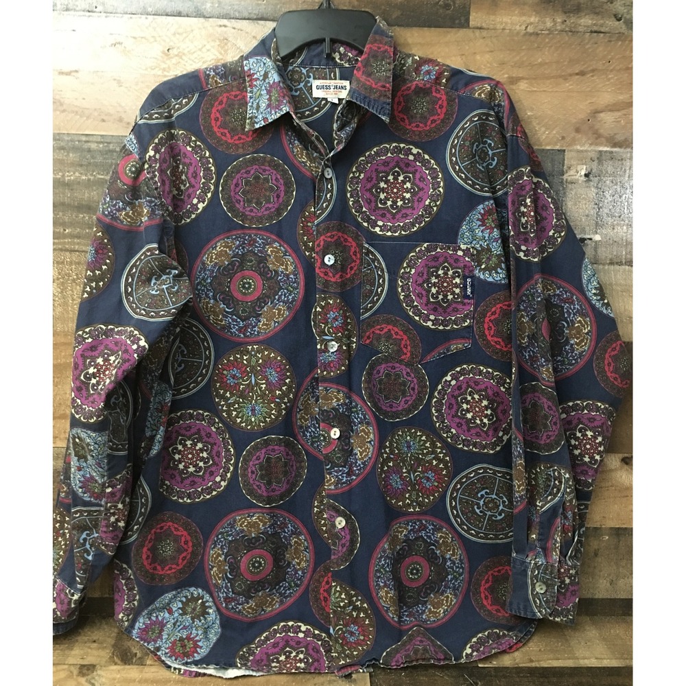 VTG Guess Button Down Shirt Men Large Y2K Preppy Boho Retro Logo Made In USA